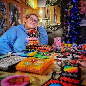 guest sitting with art display